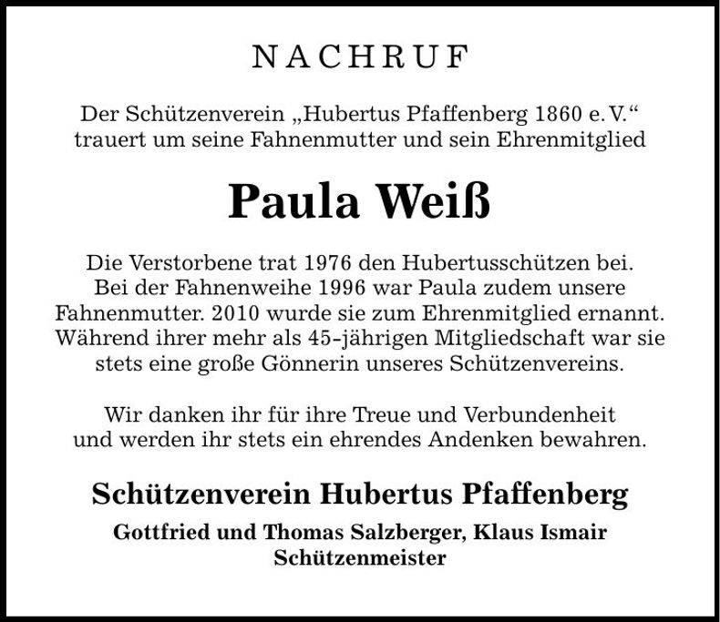 Traueranzeige Paula Weiß