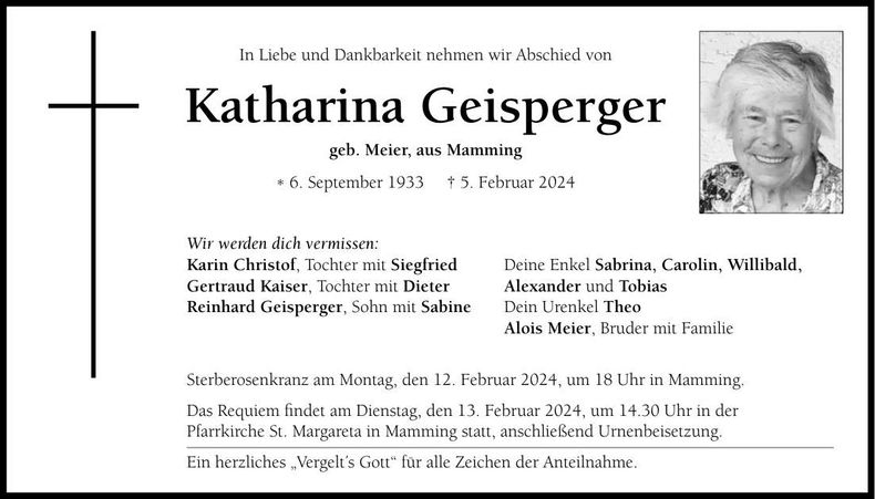 Traueranzeige Katharina Geisperger