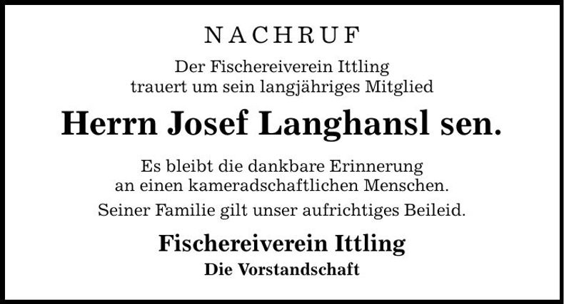 Traueranzeige Josef sen. Langhansl