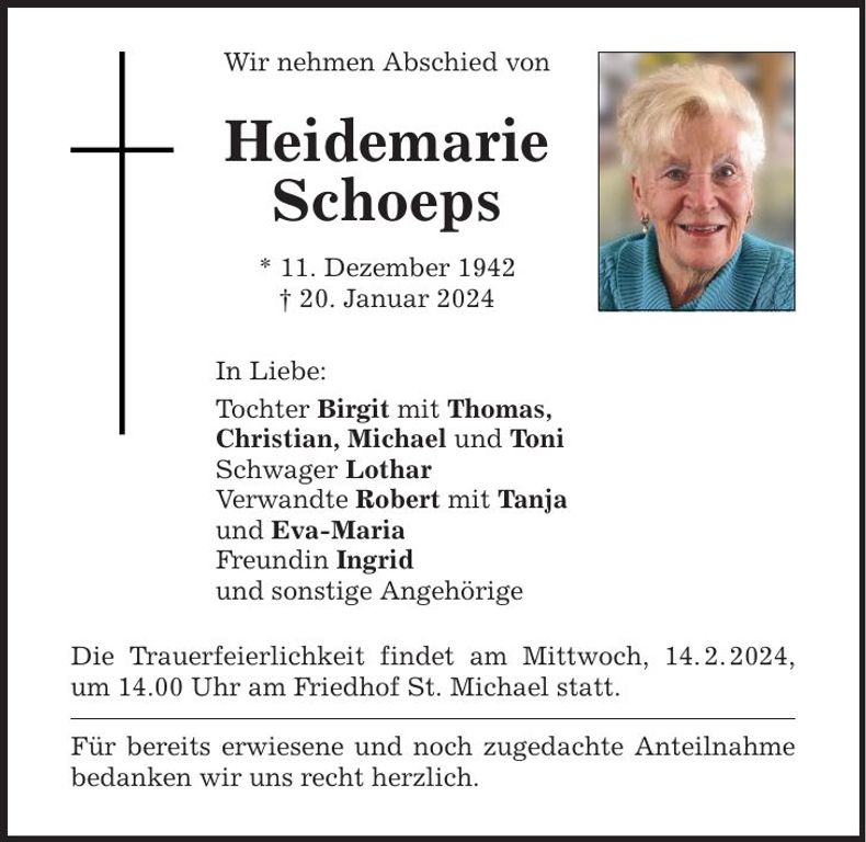 Traueranzeige Heidemarie Schoeps