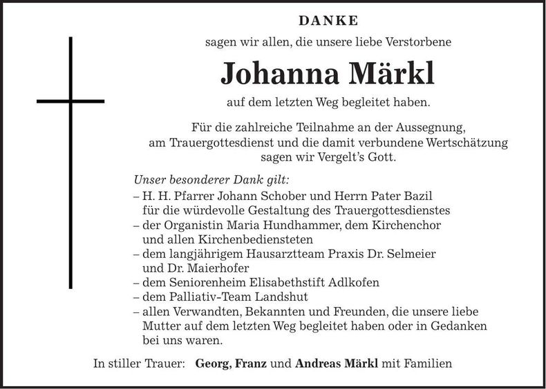 Traueranzeige Johanna Märkl