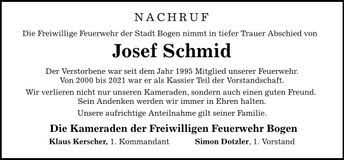 Traueranzeige Josef Schmid