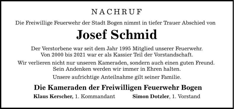 Traueranzeige Josef Schmid