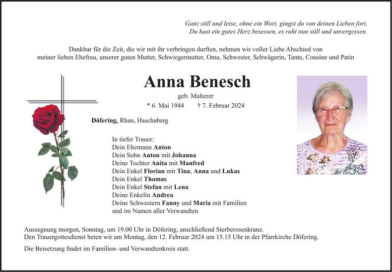 Traueranzeige Maria Benesch