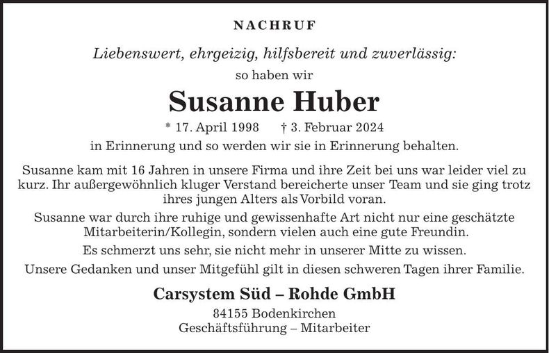 Traueranzeige Susanne Huber
