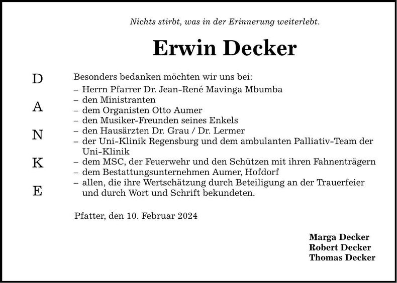 Traueranzeige Erwin Decker