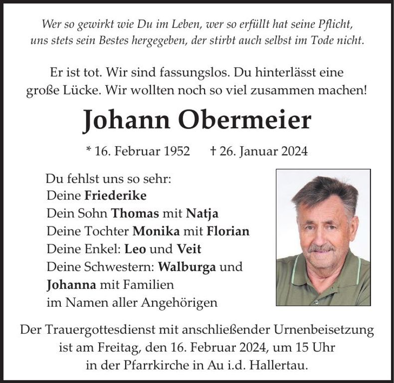 Traueranzeige Johann Obermeier