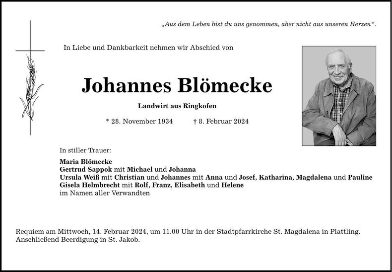 Traueranzeige Johannes Blömecke