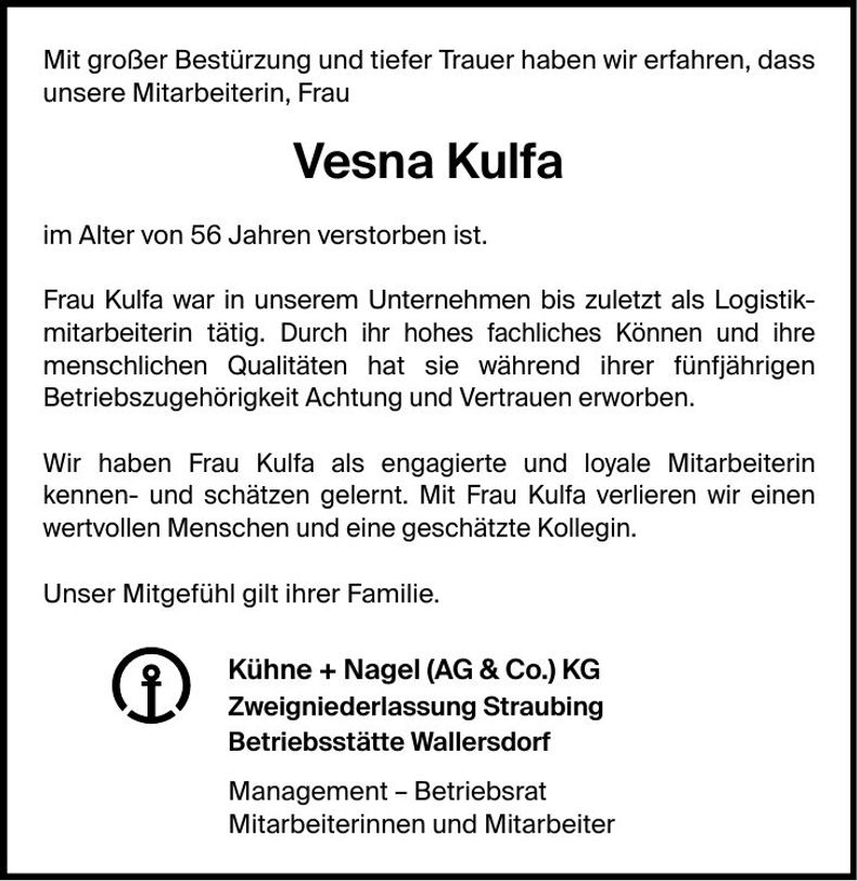 Traueranzeige Vesna Kulfa