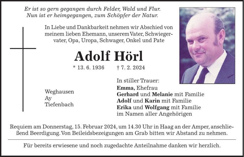 Traueranzeige Adolf Hörl