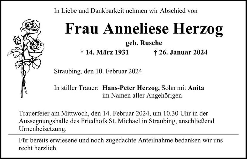 Traueranzeige Anneliese Herzog