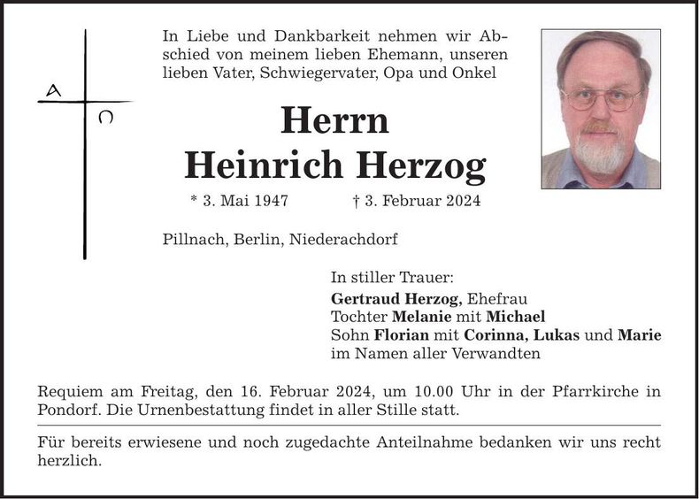 Traueranzeige Heinrich Herzog