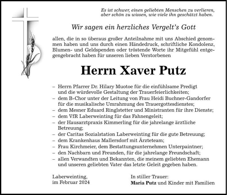 Traueranzeige Xaver Putz