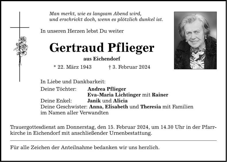 Traueranzeige Gertraud Pflieger