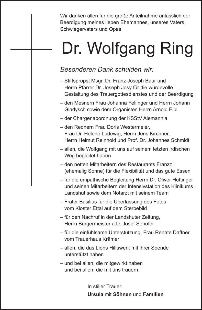 Traueranzeige Wolfgang Dr. Ring