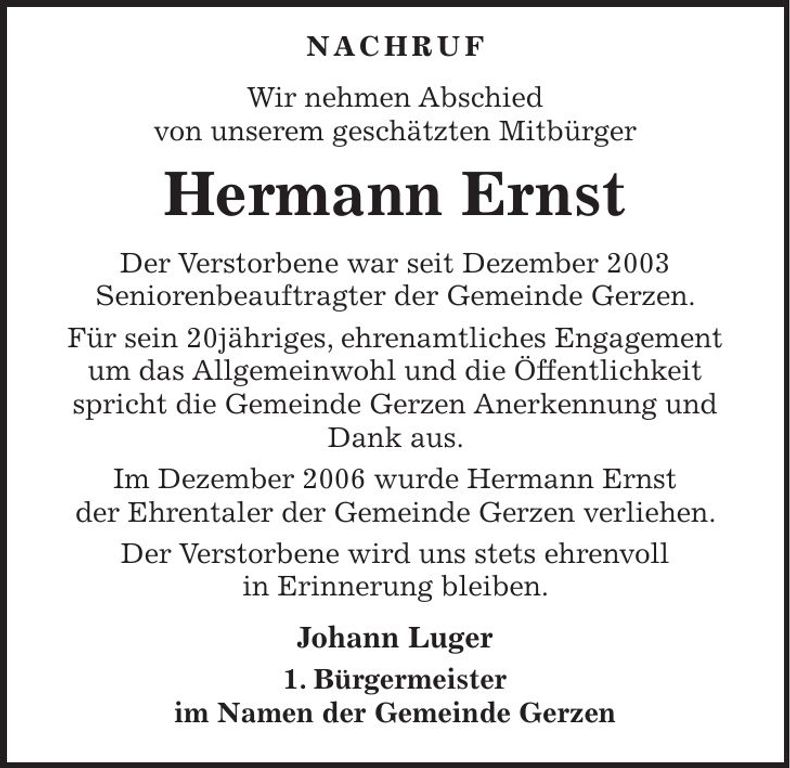 Traueranzeige Hermann Ernst