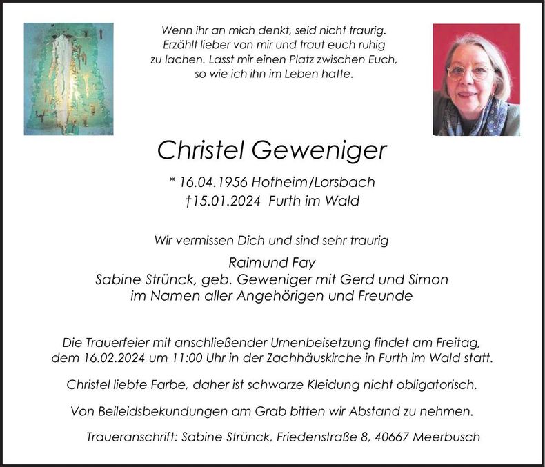 Traueranzeige Christel Geweniger
