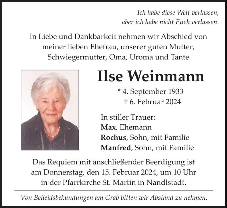 Traueranzeige Ilse Weinmann