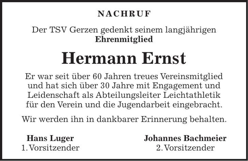 Traueranzeige Hermann Ernst