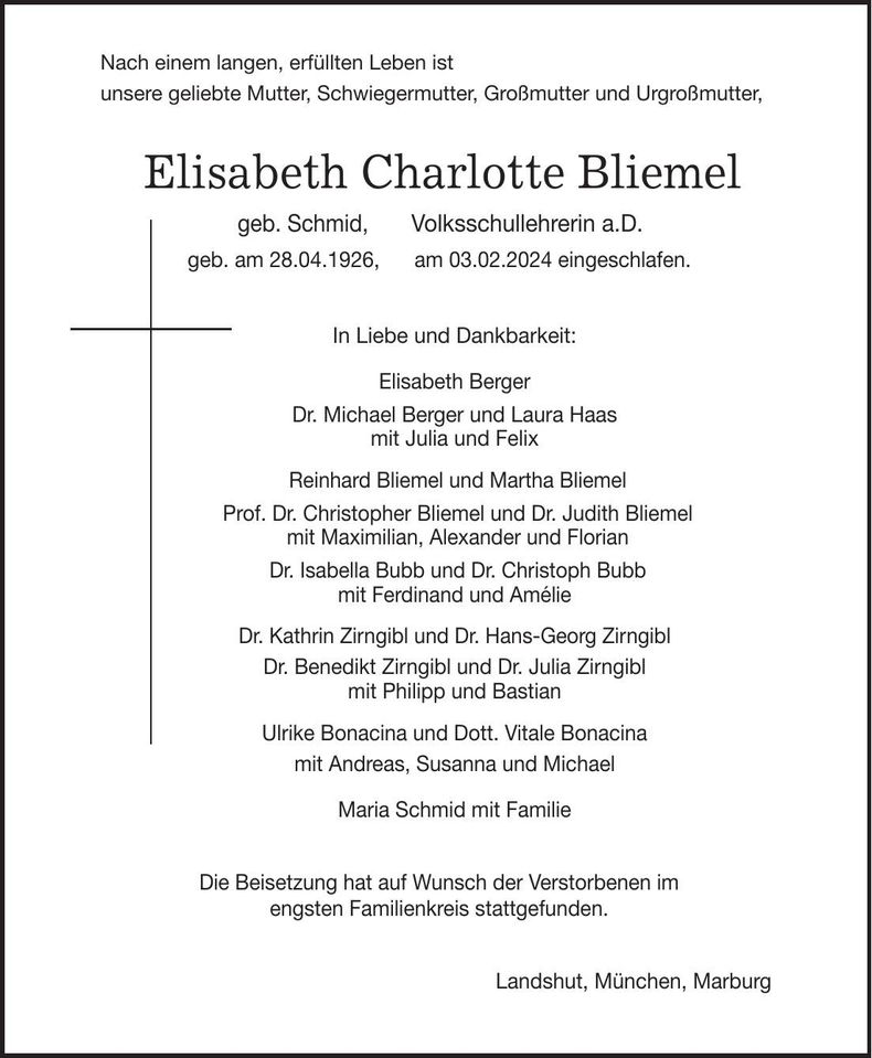 Traueranzeige Elisabeth Charlotte Bliemel