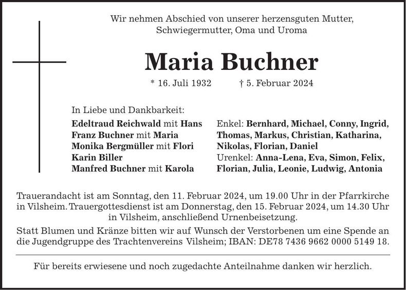Traueranzeige Maria Buchner