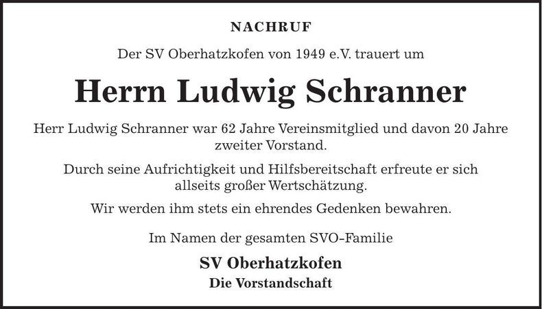 Traueranzeige Ludwig Schranner