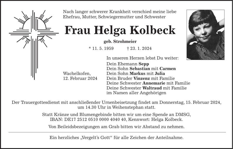 Traueranzeige Helga Kolbeck
