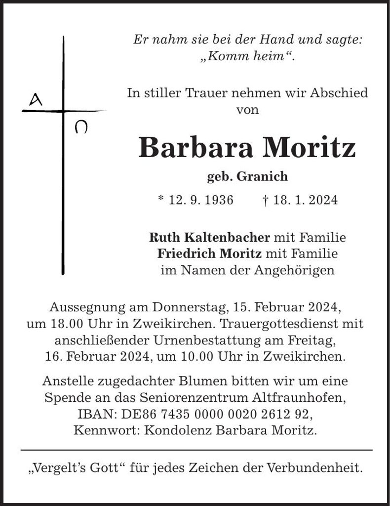 Traueranzeige Barbara Moritz
