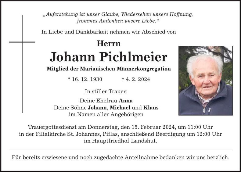 Traueranzeige Johann Pichlmeier