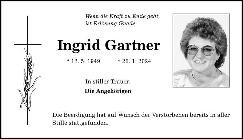 Traueranzeige Ingrid Gartner