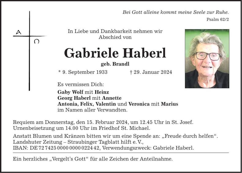 Traueranzeige Gabriele Haberl