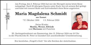 Traueranzeige Maria Magdalena Schmidt