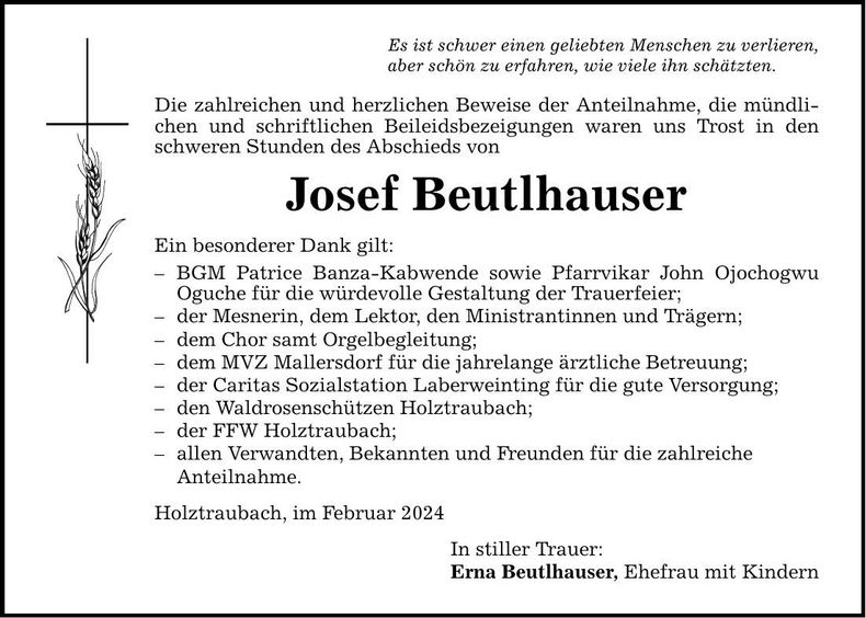 Traueranzeige Josef Beutlhauser