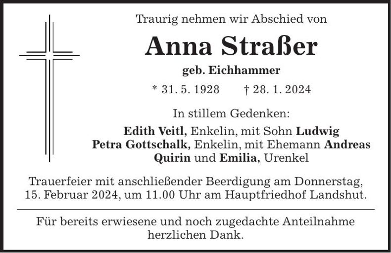 Traueranzeige Anna Straßer