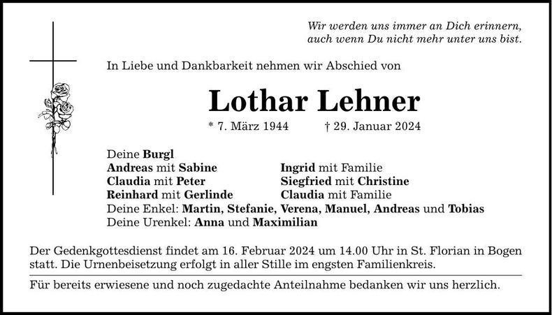 Traueranzeige Lothar Lehner