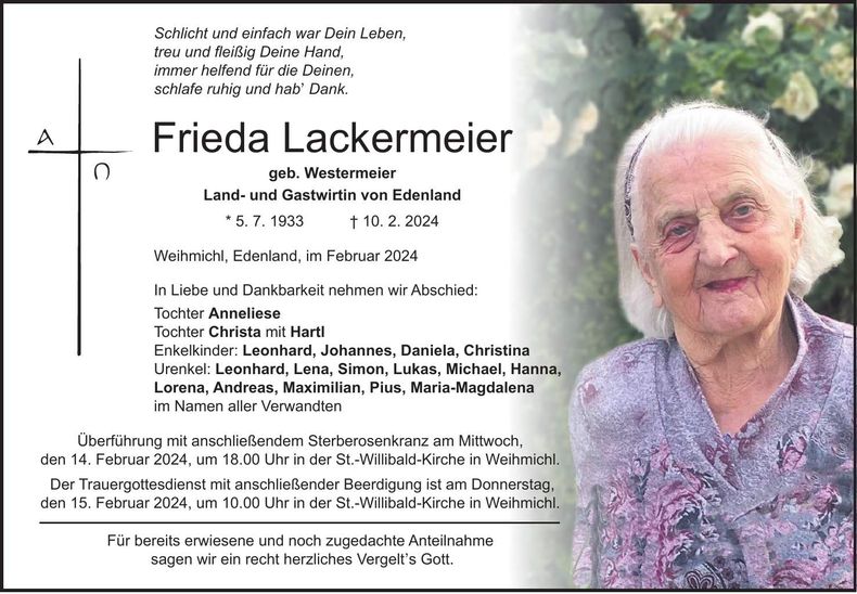 Traueranzeige Frieda Lackermeier