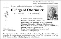 Traueranzeige Hildegard Obermeier