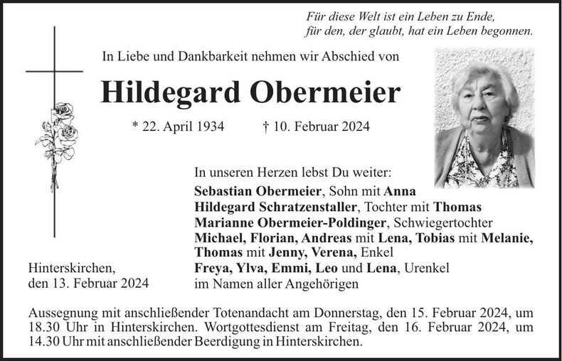 Traueranzeige Hildegard Obermeier