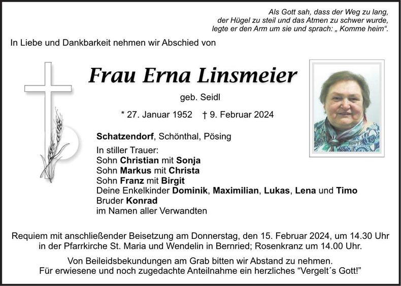 Traueranzeige Erna Linsmeier