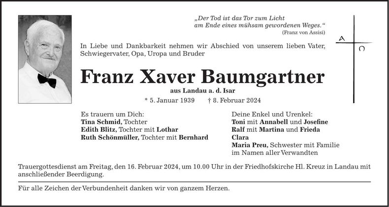 Traueranzeige Franz Xaver Baumgartner