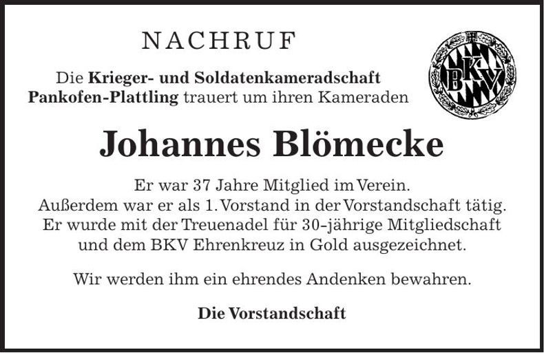 Traueranzeige Johannes Blömecke