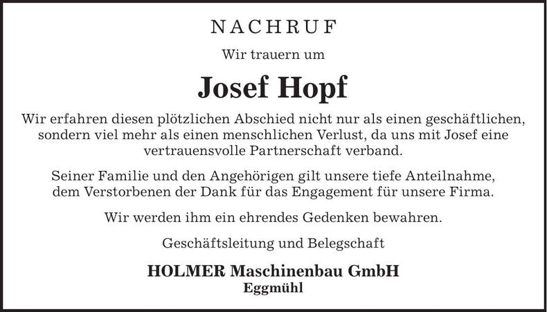 Traueranzeige Josef Hopf
