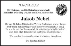 Traueranzeige Jakob Nebel