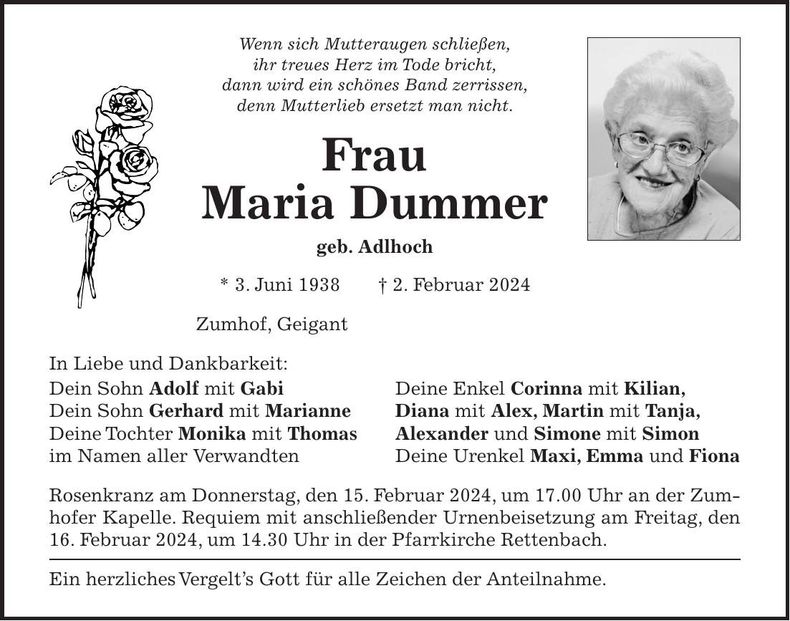 Traueranzeige Maria Dummer