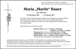 Traueranzeige Maria "Marile" Bauer