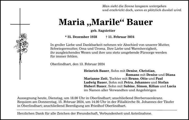 Traueranzeige Maria "Marile" Bauer