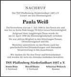Traueranzeige Paula Weiß