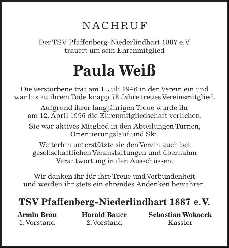 Traueranzeige Paula Weiß