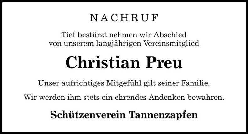Traueranzeige Christian Preu