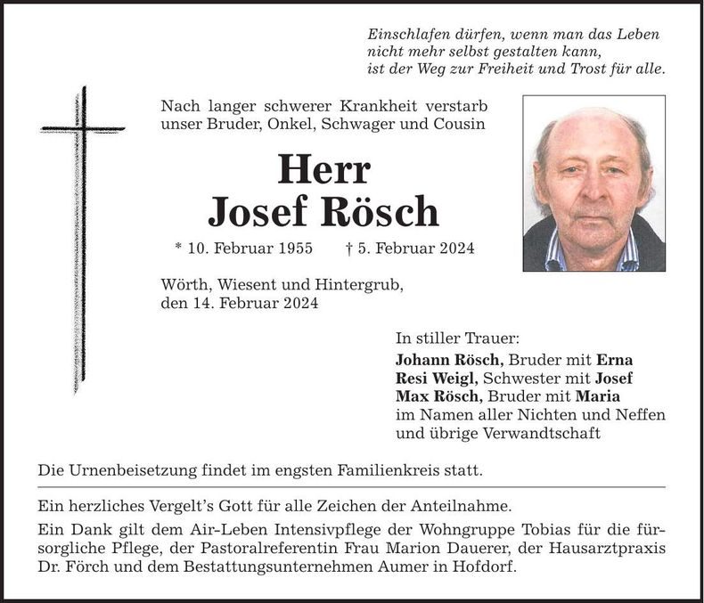 Traueranzeige Josef Rösch